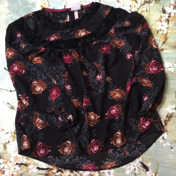 Knox Rose Black Lace Floral Boho Hi Low Bohemian Roses Blouse Top Women Size XS - Picture 4 of 13